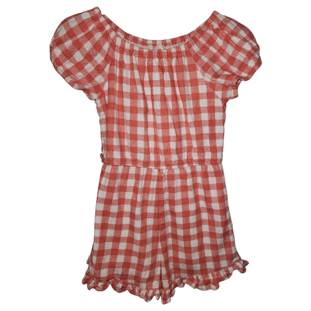 GB girls Red and White Gingham Romper with Ruffled Hem
